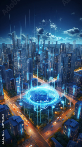 Futuristic City Smart Infrastructure Realistic Illustration. Smart city and abstract line and dot connect, big data connection technology concept.