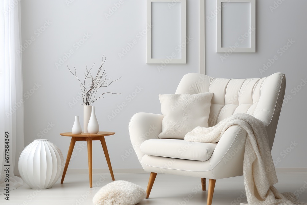 Obraz na płótnie Cosy chair in a modern minimalistic Scandinavian style white room. w salonie