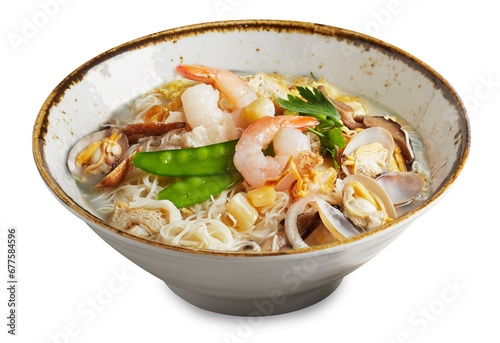 traditional chinese healthy braised puritan noodle with clam prawn seafood thick soup in bowl on grey vintage background cafe hotel luxury halal food restaurant banquet menu