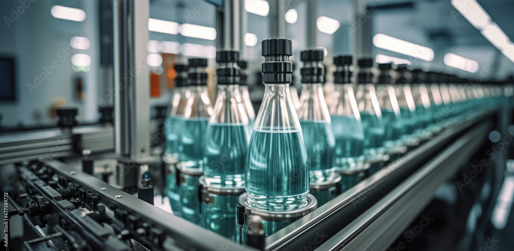 Many bottles are filled through a machine at factory. Many bottles are filled through a machine at factory.