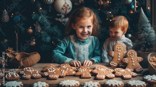 a little girl and her little brother lay out gingerbread men under the Christmas tree, banner photo