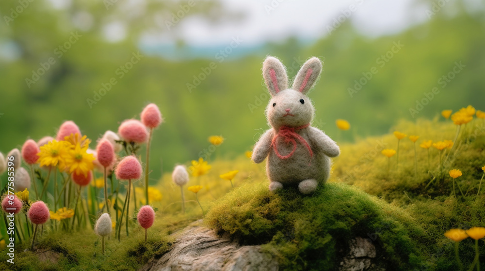 Handmade DIY figurine, cute crafted wool felt easter bunny on a colorful blooming flower meadow