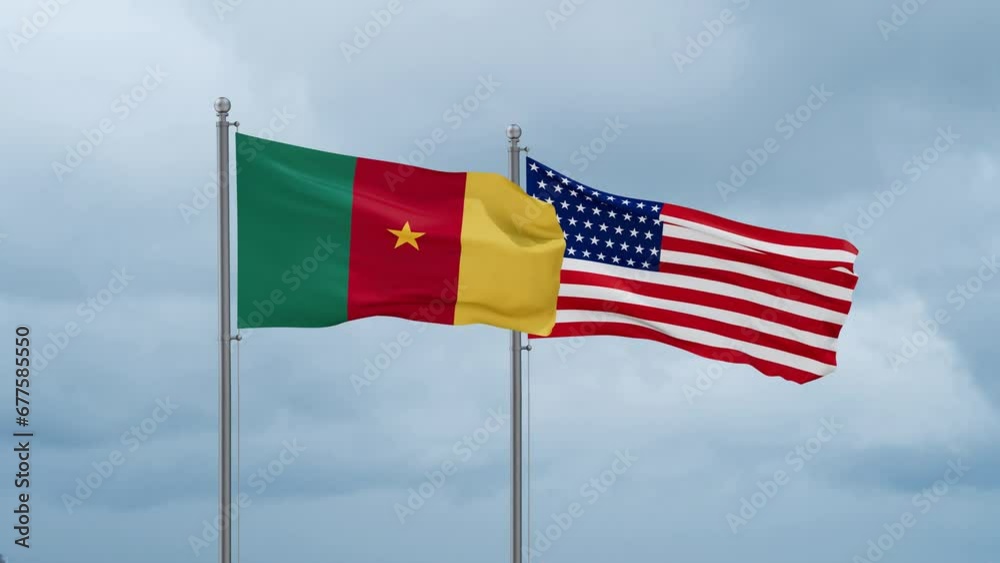 USA and Cameroon flag waving together on cloudy sky, endless seamless loop, two country cooperation concept USA and Cameroon flag waving together on cloudy sky, endless seamless loop, two country cooperation concept
