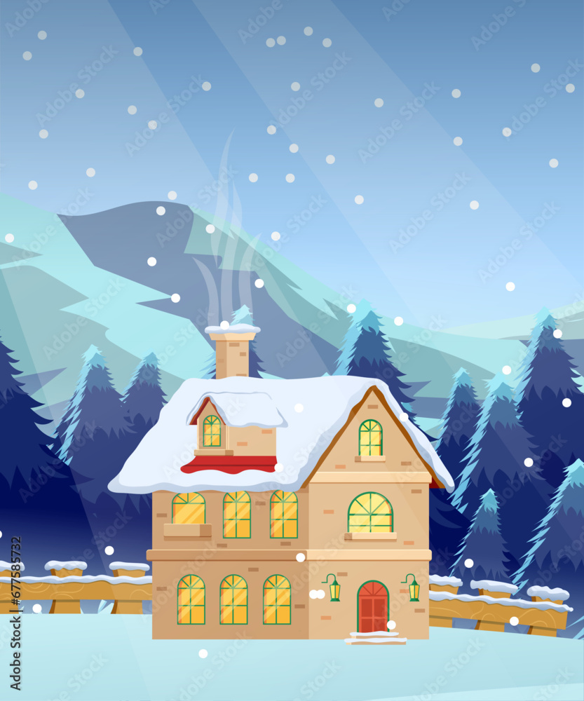 Flat illustration portrait of a landscape with a beautiful snow-covered house on the hills