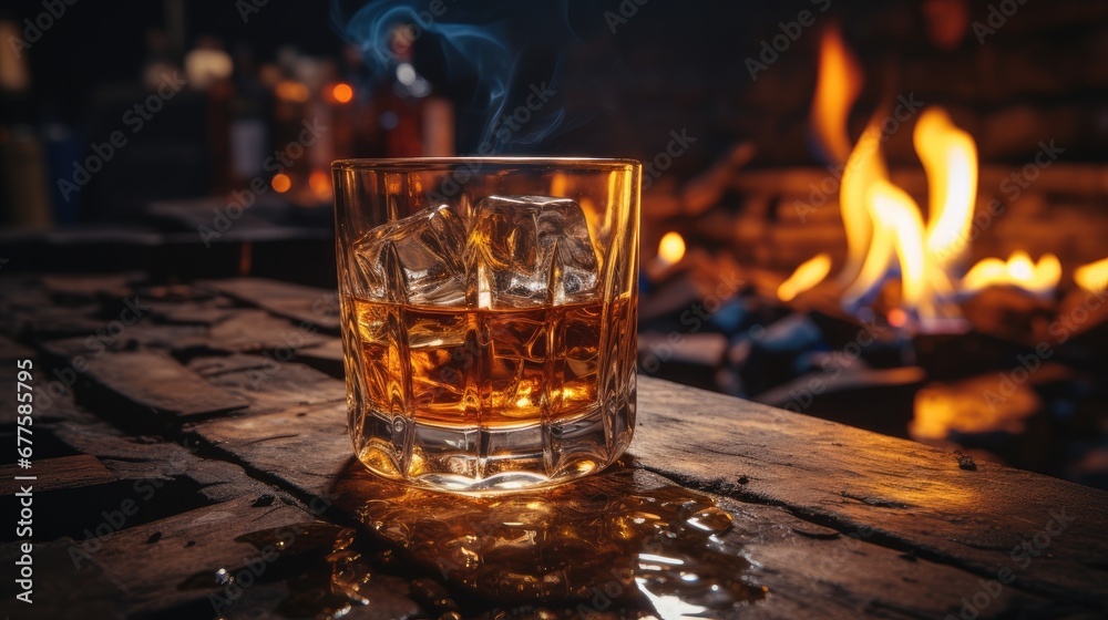 A smoldering fire with a glass of whisky in the foreground.