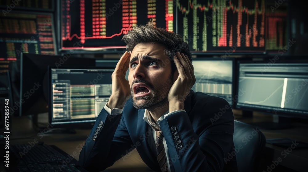 Desperate man in front of monitors, Losing money in the stock market, Recession, Inflation. Desperate man in front of monitors, Losing money in the stock market, Recession, Inflation.