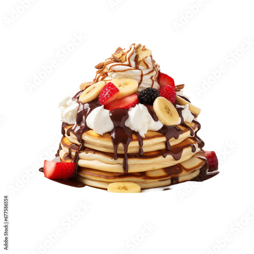 Delicious banana split pancakes stack isolated on transparent background