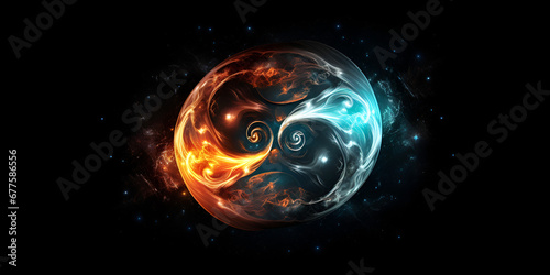 Yinyang is symbol of unity of oosites in universe  Light Effect Gossip Graphics Dazzling  The yin and yang symbol in fire and blue  Cyclical  generative Ai