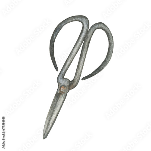 Old rustic scissors for garden twine. Farmhouse decor, vintage utensil. Hand drawn watercolor painting illustration isolated on white background.
