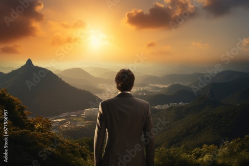 Businessman standing on top of mountain with sunlight, Positive mindset concept.