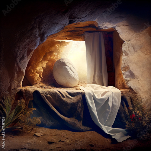 Resurrection of Jesus Christ, empty grave tomb with shroud, bible story of Easter, crucifixion at sunrise, palm sunday photo