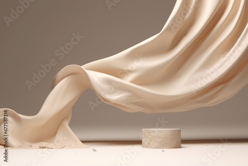 3D display podium, beige background with white stone pedestal. Flying nude color silk cloth curtain in motion. Nature wind. Beauty cosmetic product presentation, rock stand. Luxury mockup,GenerativeAI