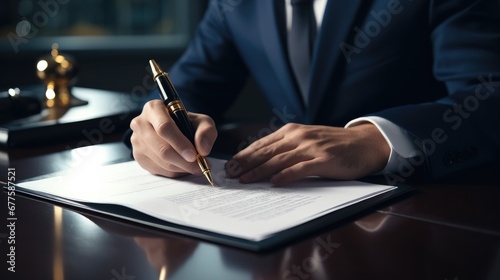 Businessman sitting at desk writing in notebook, Lawyer wearing suit sitting at desk signing law document writing signature making legal agreement corporate deal in office.