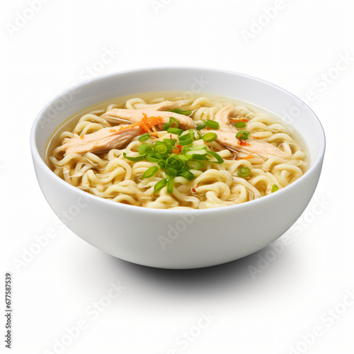Instant chicken noodle soup in a white ceramic bowl