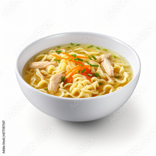 Instant chicken noodle soup in a white ceramic bowl