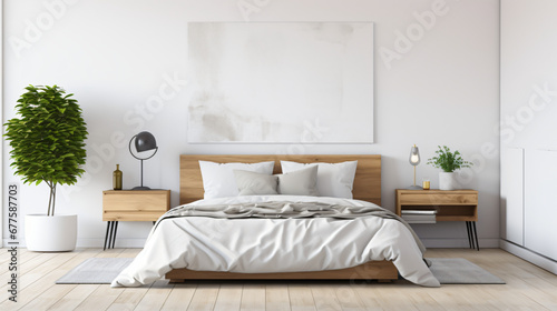 Interior of a modern bedroom with white walls wood © UsamaR