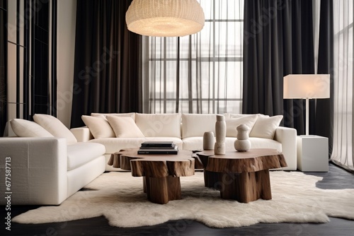 Live edge coffee table and white sofa. Interior design of modern living room. Generative AI