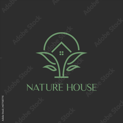 line art natural house with sun logo vector