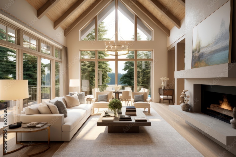 Traditional home interior design of modern living room with vaulted ceiling. Generative AI