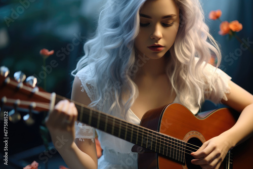 Cute girl with light blue long hair playing guitar, Gentle personality, Cute gentle face.