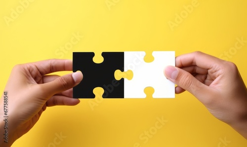 Hands jigsaw puzzle pieces shape white skin people and black skin people color together on yellow background. Diversity people difference contrast and, Generative AI