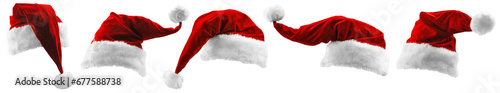 Set of Isolated Red Santa Claus Hats. Collection of Bright Contrasting Hats photo