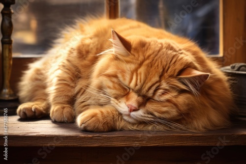 A fat lazy cat sleeps on the windowsill © dashtik
