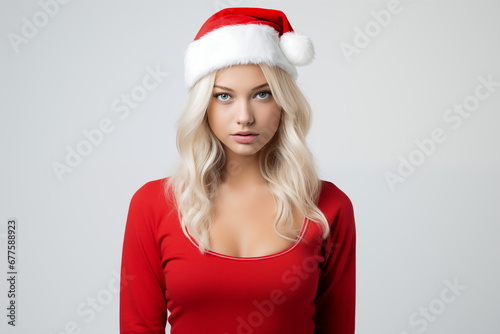 A blonde beautiful girl wearing a Christmas Santa Claus dress on a light gray background.