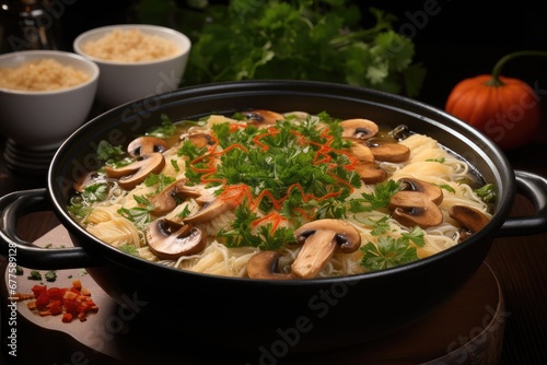 Chicken soup with vegetables and mushrooms.