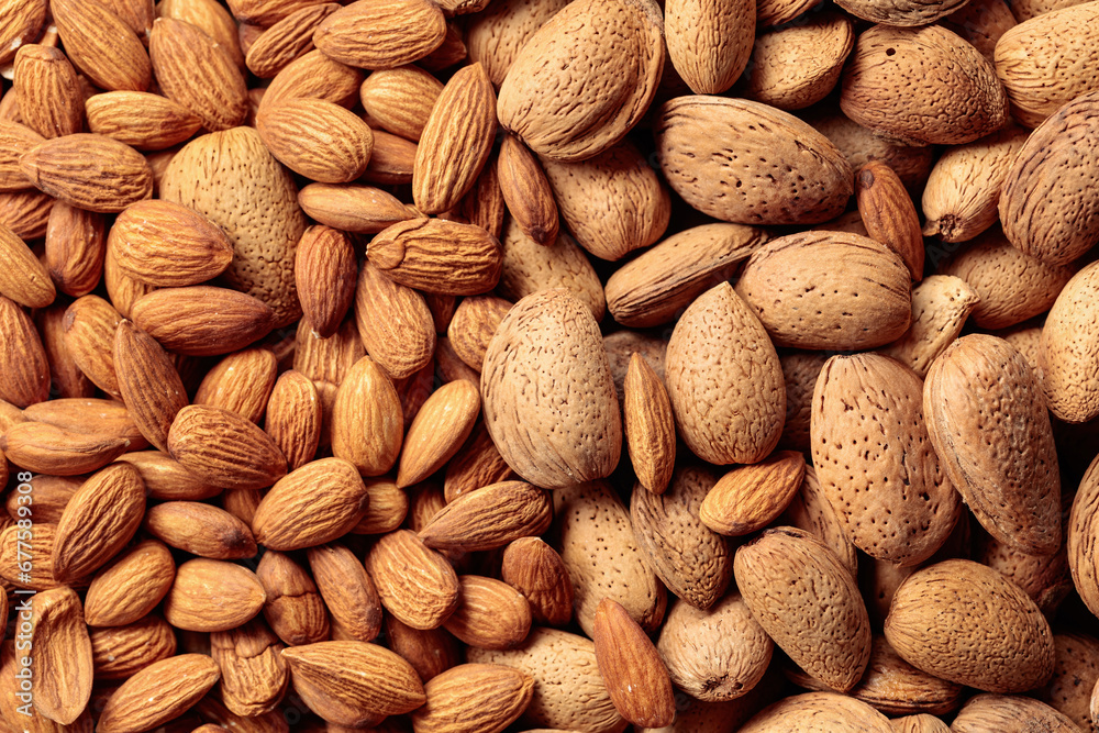 Fototapeta premium Peeled and unpeeled almonds.