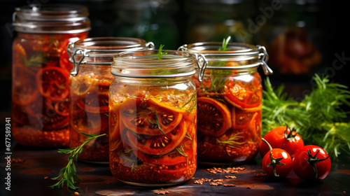 Jars with sun dried tomatoes with fresh herbs