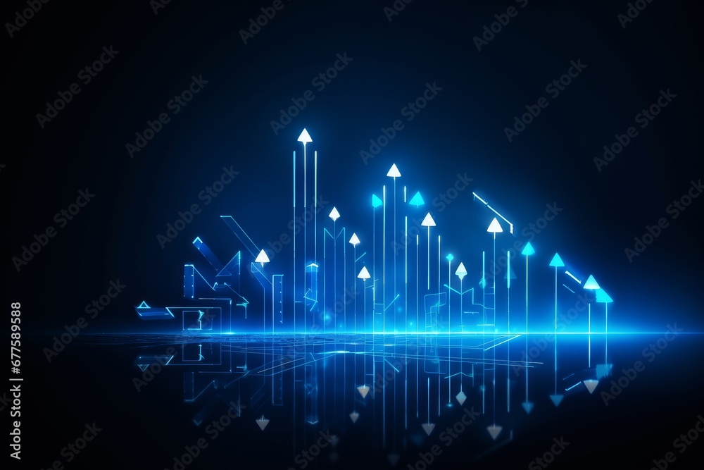 Futuristic blue glowing rising up arrows digital transformation abstract technology background. Big data and business growth currency stock and investment economy. Generative AI - obrazy, fototapety, plakaty 