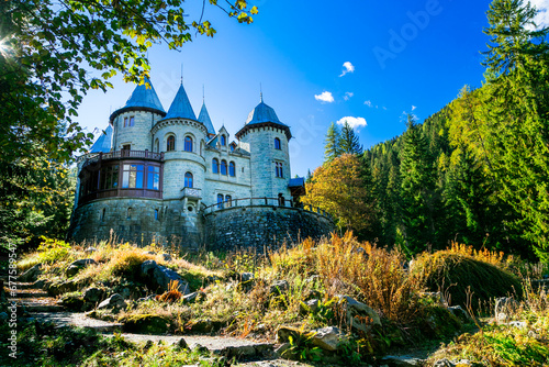 Romantic medieval castles of Valle d'Aosta - faiy tale Savoia (Savoy) castle. North of Italy photo