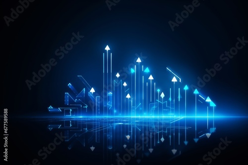 Futuristic blue glowing rising up arrows digital transformation abstract technology background. Big data and business growth currency stock and investment economy. Generative AI