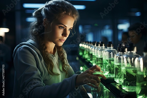 Concentrated young female scientist holding test tube and looking at it while sitting at her working place