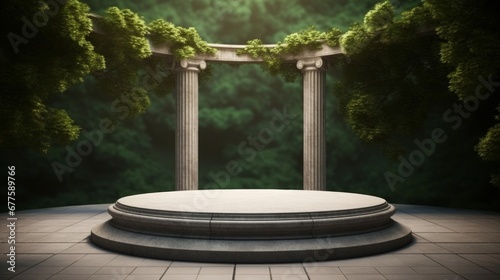 Round stone platform with Corinthian pillars and natural trees with shadow background. Historical and landmark object for advertising concept. 3D illustration, Generative AI photo