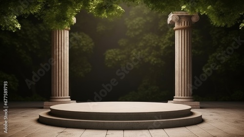 Round stone platform with Corinthian pillars and natural trees with shadow background. Historical and landmark object for advertising concept. 3D illustration, Generative AI