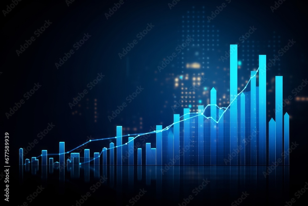 Futuristic blue rise up bar chart with arrow abstract technology background. Economy and financial concept. Stock money profit investment progress, Generative AI