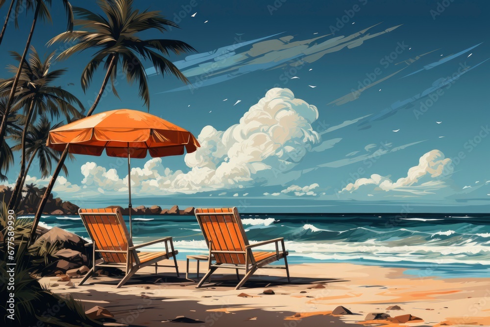 Beach umbrella and Sun lounger. Sunbed with parasol at sand beach. Summer tropical resort with private chaise-longues at seacoast. - obrazy, fototapety, plakaty 