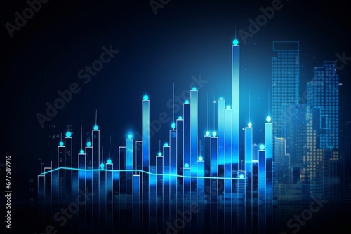 Futuristic blue rise up bar chart with arrow abstract technology background. Economy and financial concept. Stock money profit investment progress, Generative AI © Focal Imaging