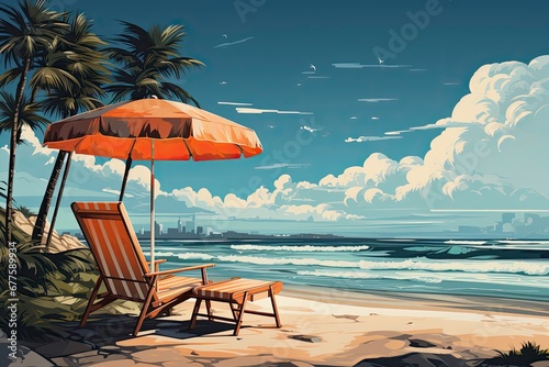 Beach umbrella and Sun lounger. Sunbed with parasol at sand beach. Summer tropical resort with private chaise-longues at seacoast.