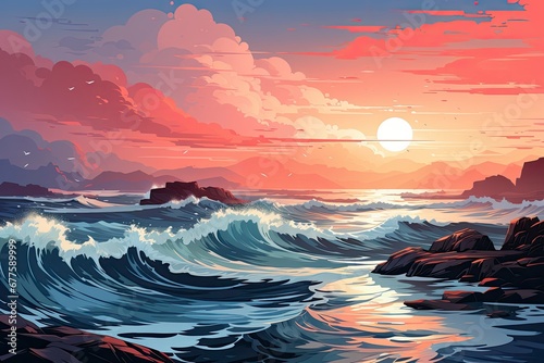 Topical beach and ocean at sundown. illustration generated AI. © Tjeerd
