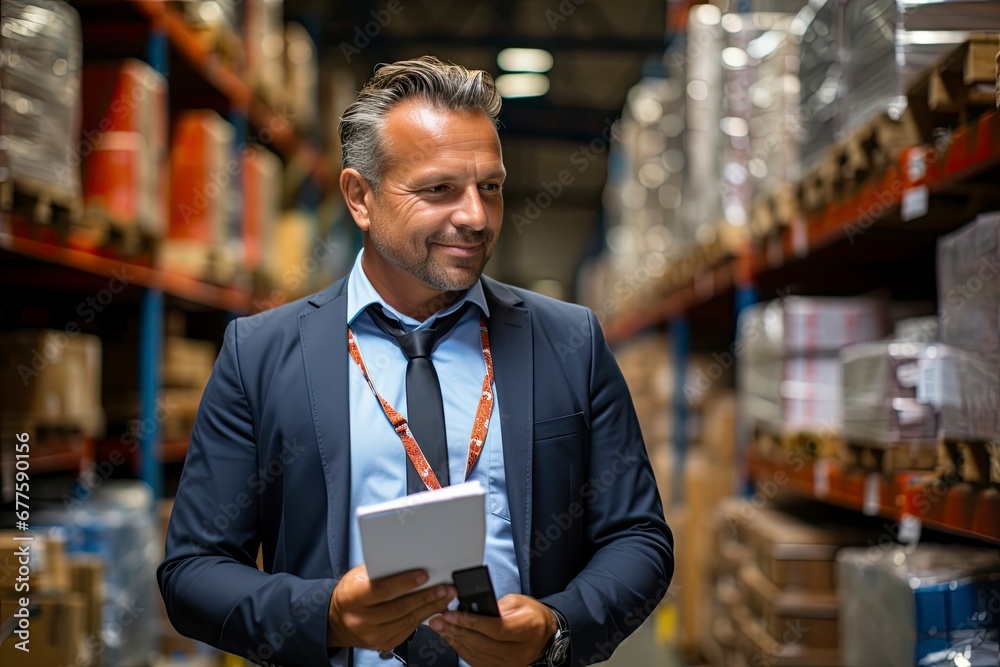 Fototapeta premium Logistics warehouse manager with laptop. Manager near shelves with boxes. Logistics warehouse employee.