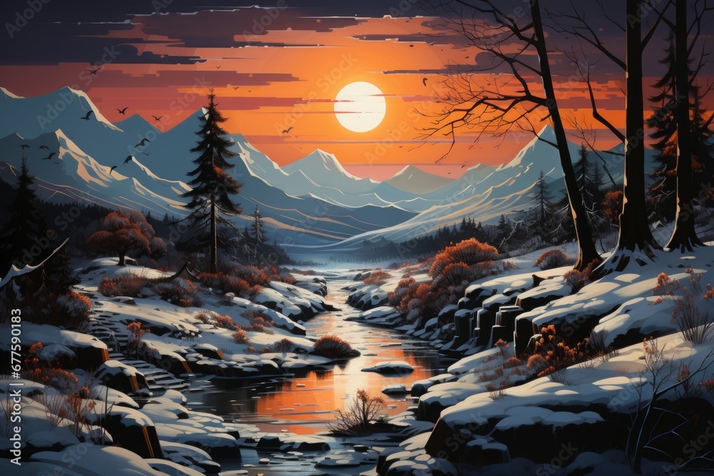 winter mountain landscape with forest, frozen stream and snow-covered fields illustration.