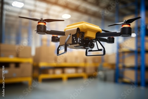 Spare part delivery drone at garage storage in leading automotive car service center for delivering mechanical shipping component part assembling to customer. Modern innovative technology,GenerativeAI photo