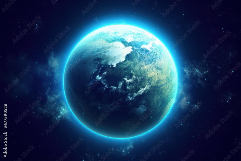 Blue earth in space and galaxy. Globe with outer glow ozone and white cloud. Space planet and Atmosphere concept. Alien and Living nature theme. Elements of this image furnished by, Generative AI