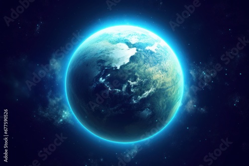 Blue earth in space and galaxy. Globe with outer glow ozone and white cloud. Space planet and Atmosphere concept. Alien and Living nature theme. Elements of this image furnished by, Generative AI © Focal Imaging