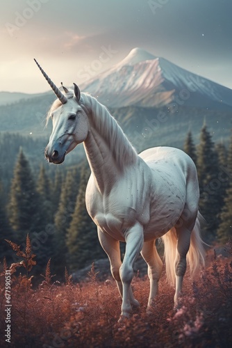Unicorn in a forest with mountain background 