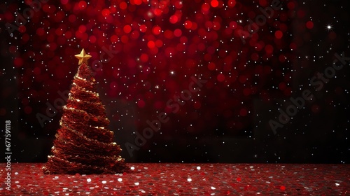 beautiful Christmas tree with Christmas lights, glass mosaic, shiny and glittery, dark Red background, copy space