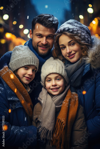 Portrait of a happy family on Christmas or New Year's Eve against the backdrop of a beautiful snowy street. Happy New Year and Merry Christmas!